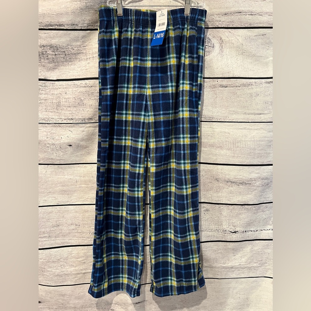 Eddie Bauer Blue Yellow Plaid Fleece Pants Youth 14 16 New Pajama Bottoms Lounge
